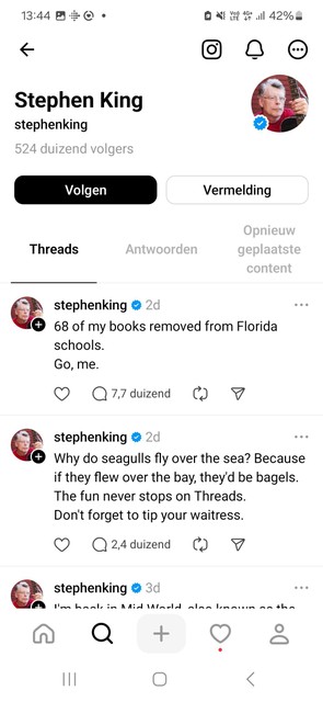 Stephen King zit op Threads.