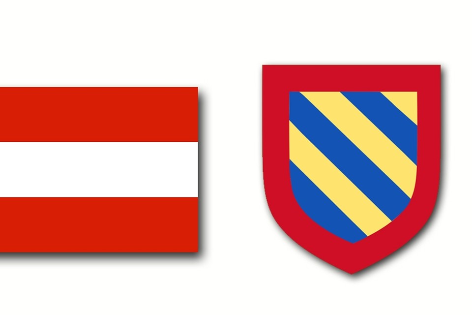 De vlag van Bourgondië (links) en het wapenschild van de hertog van Bourgondië 