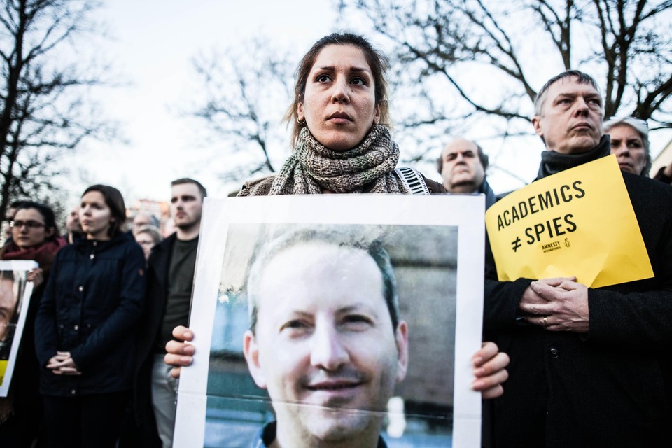 Februari 2017, een protestactie in Brussel voor de ambassade van Iran. 