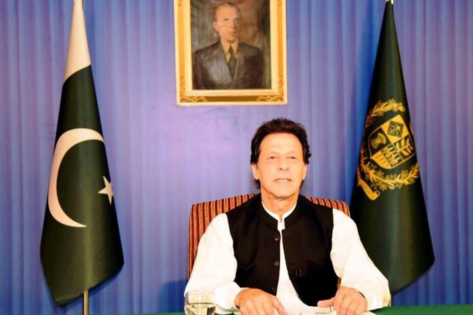 De nieuwe president van Pakistan Imran Khan tijdens zijn eerste publieke toespraak na de verkiezingen. 