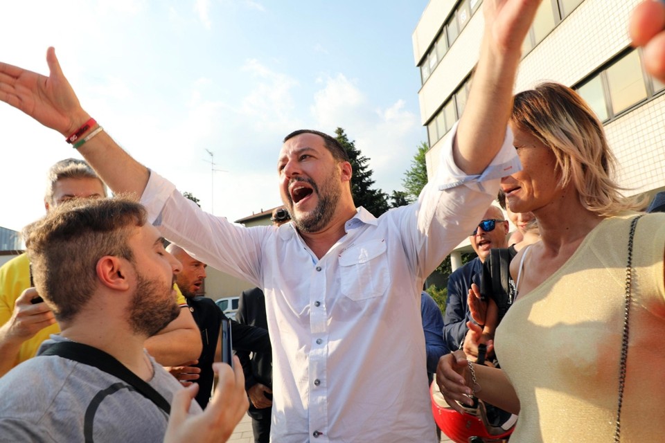 Matteo Salvini op een verkiezingsbijeenkomst in Cinisello Balsamo, nabij Milaan. 