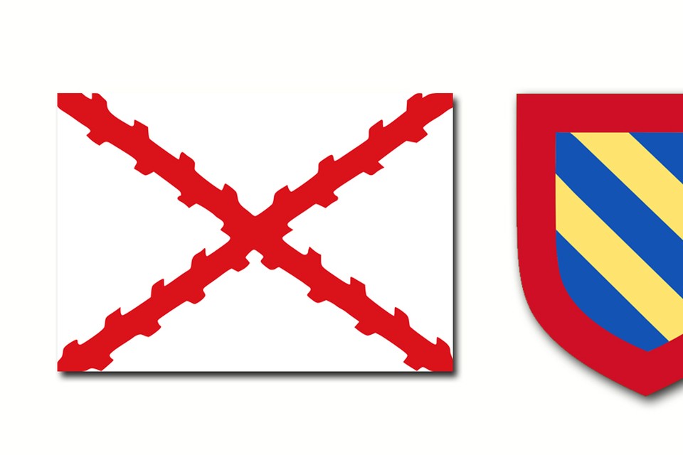 Het Bourgondisch kruis (links) en en het wapenschild van de hertog van Bourgondië 