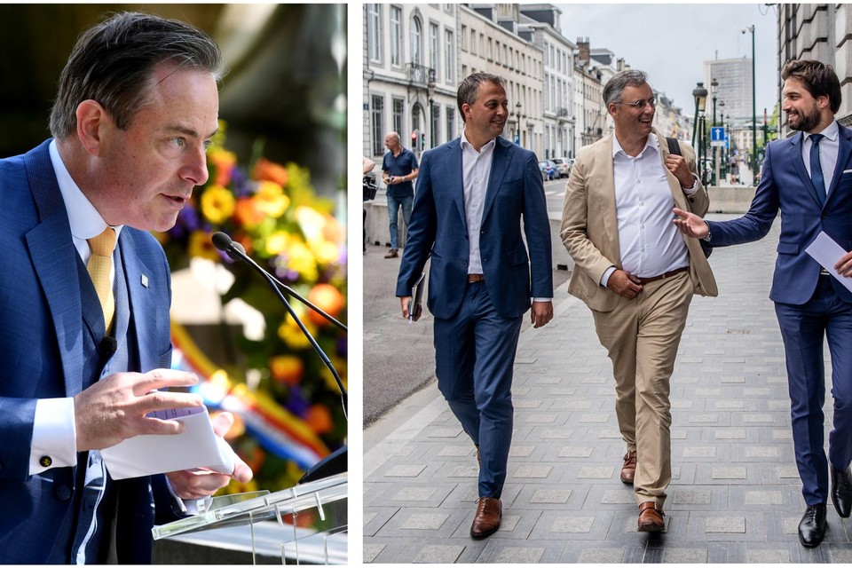 N-VA-voorzitter Bart De Wever - De ‘drie koningen’ Lachaert (Open VLD), Coens (CD&V) en Bouchez (MR) 