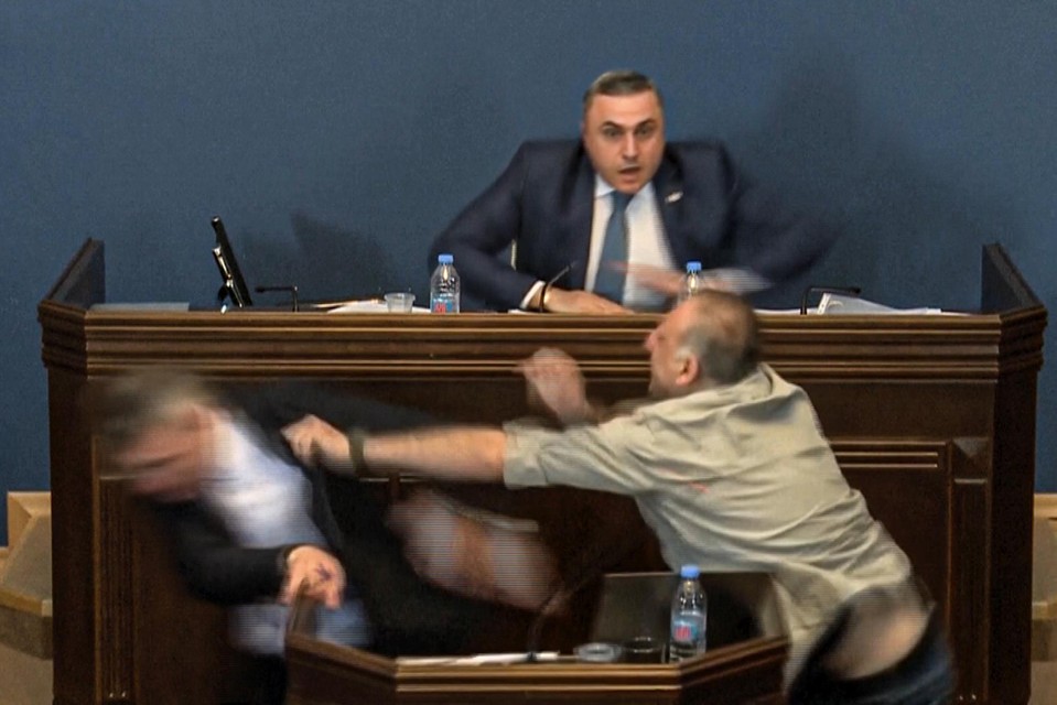 Oppositielid Alexander Elisashvili sloeg Mamuka Mdinaradze in het parlementsgebouw in Georgië.