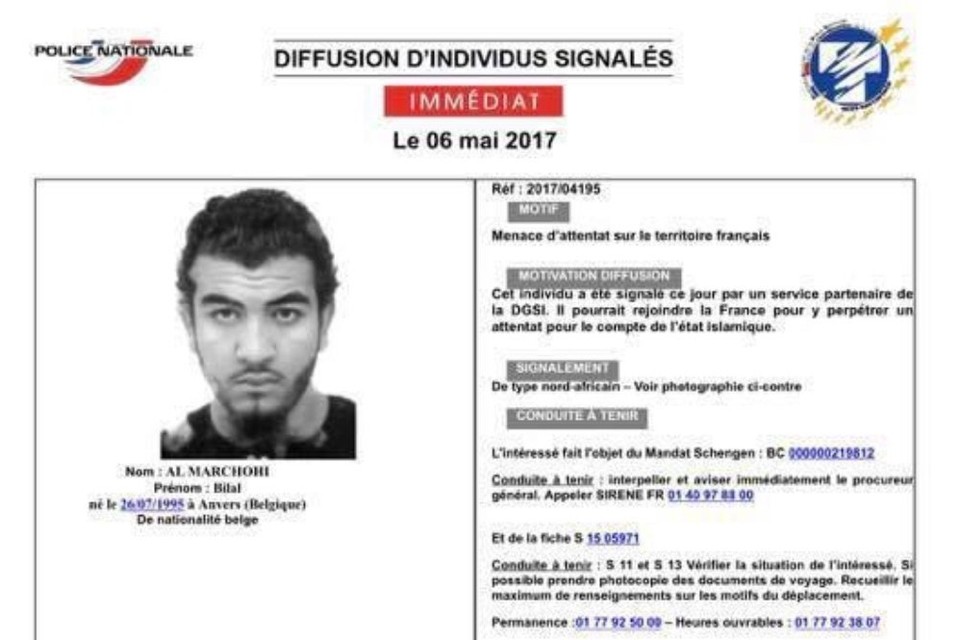 Het opsporingsbericht van de Franse politie voor Al Marchohi. 