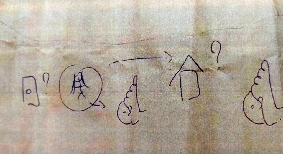 Hij tekende heel simplistisch een huisje, een meisje en een blote voet. Vervolgens deed hij teken dat ze moest gaan zitten. 