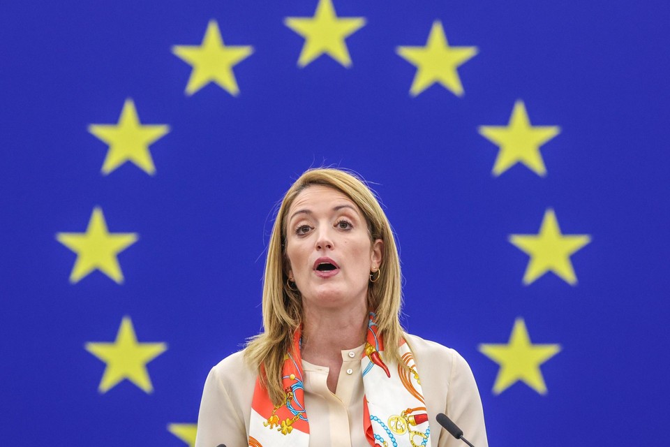 Europees Parlementsvoorzitter Roberta Metsola eerder vandaag in Straatsburg. 
