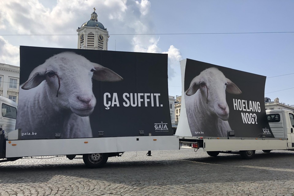 Een actie van Gaia tegen het onverdoofd slachten in Brussel, in 2018.