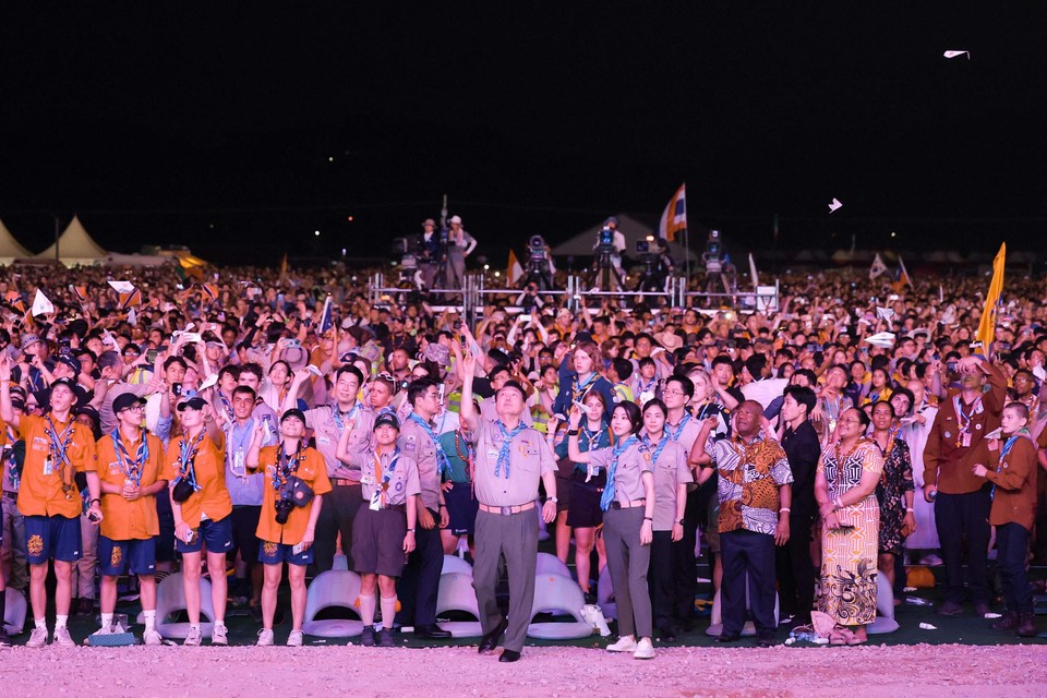 De openingsceremonie van de Jamboree in Zuid-Korea.