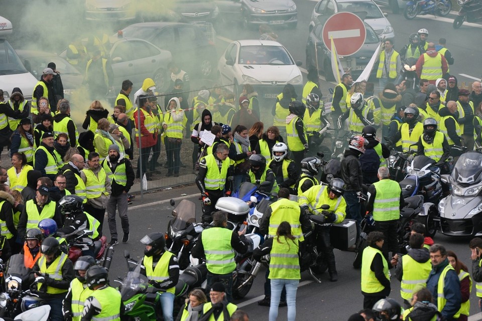 Een betoging van de ‘gele hesjes’ in Nantes, Frankrijk. 