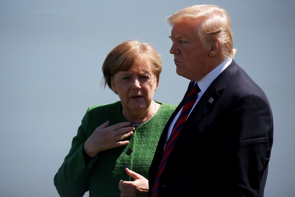Angela Merkel en Donald Trump tijdens de G7 in 2018. 