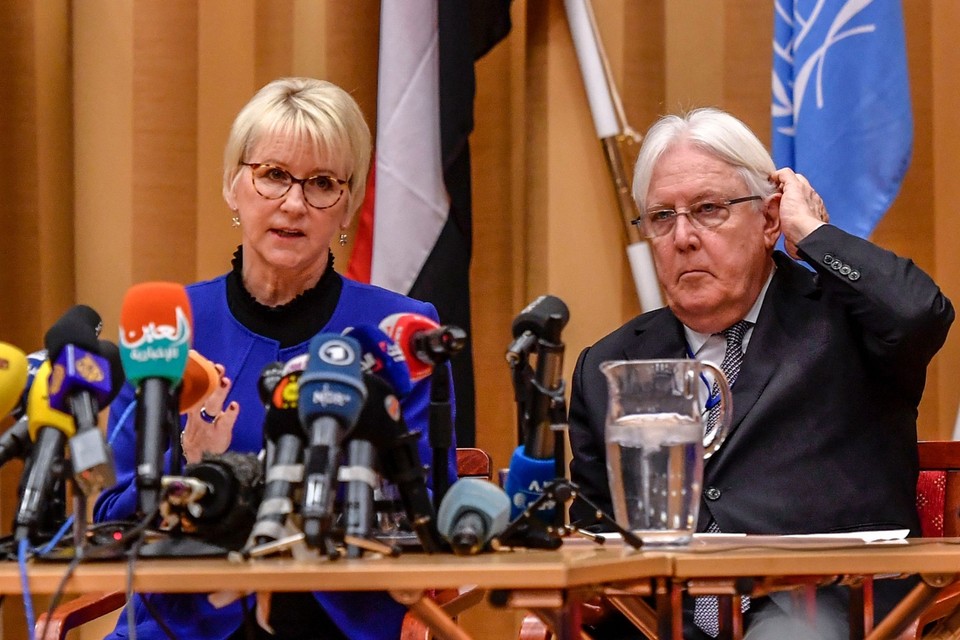 Zweeds minister van Buitenlandse Zaken Margot Wallstrom (links) en VN-bemiddelaar Martin Griffiths (rechts) 