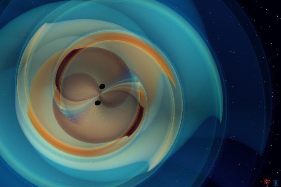 Een simulatie van twee zwarte gaten die samenkomen. 