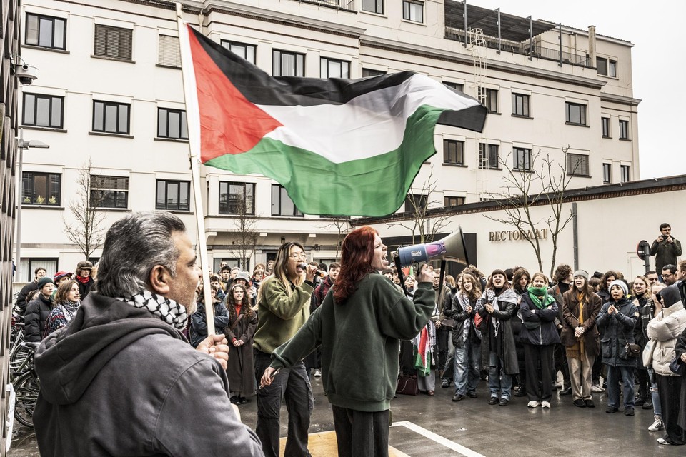 Archiefbeeld van 14 februari 2024. Studenten van de UGent protesteren en willen dat de universiteit haar banden met Israël doorknipt.